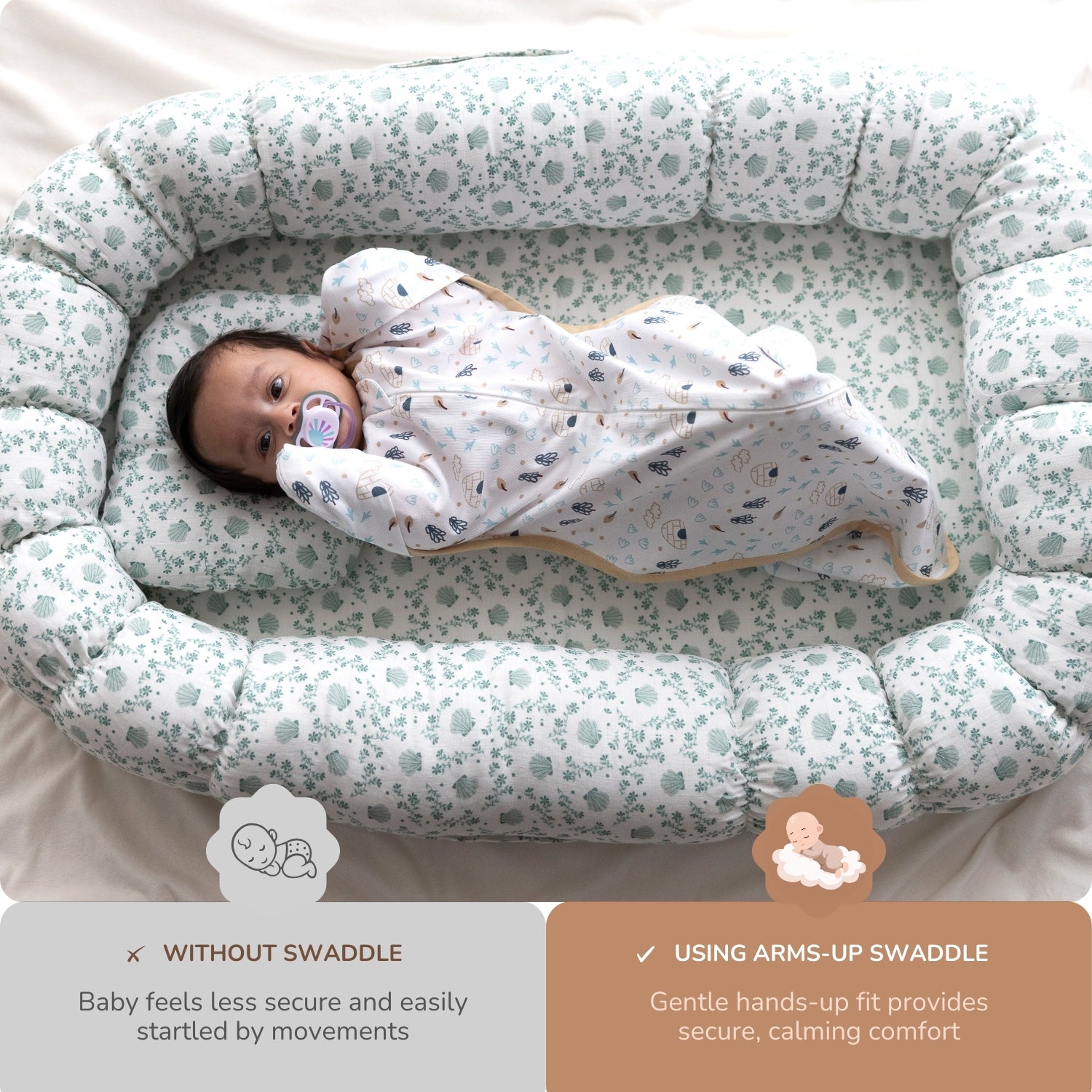 Baby lying on a floral pillow, wrapped in an arms-up swaddle, sucking on a pacifier. Text highlights swaddle's comforting effect for secure sleep.