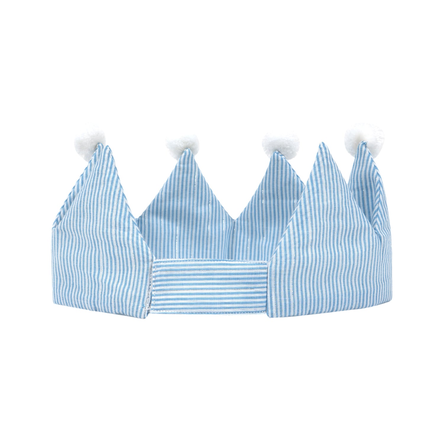 Back side of blue striped crown for girls with white po  pom on it