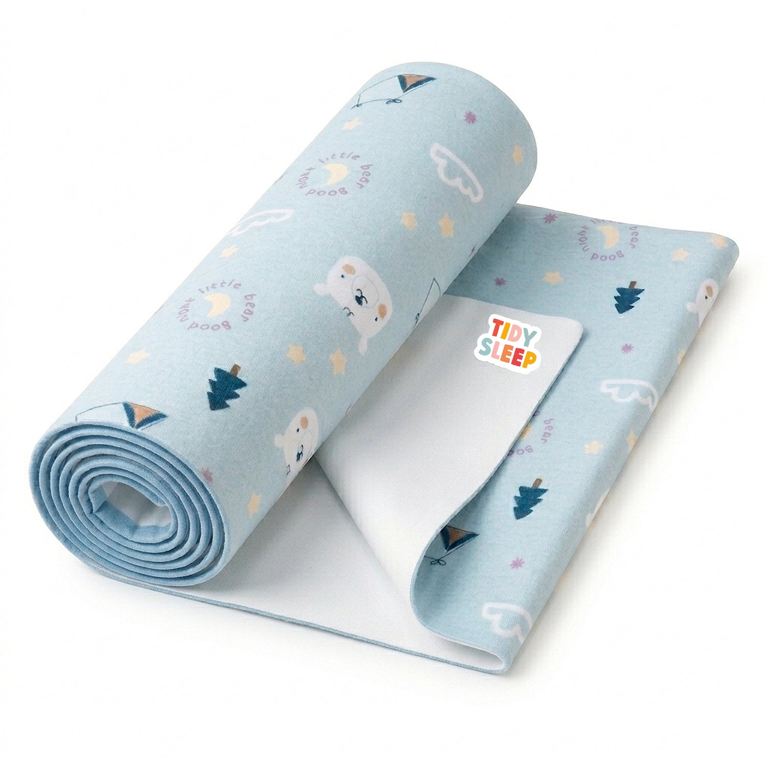A rolled baby dry sheet in light blue with a cute cartoon pattern of clouds, owls, trees, and stars, shown with its white reverse side and a 'Tidy Sleep' brand tag.