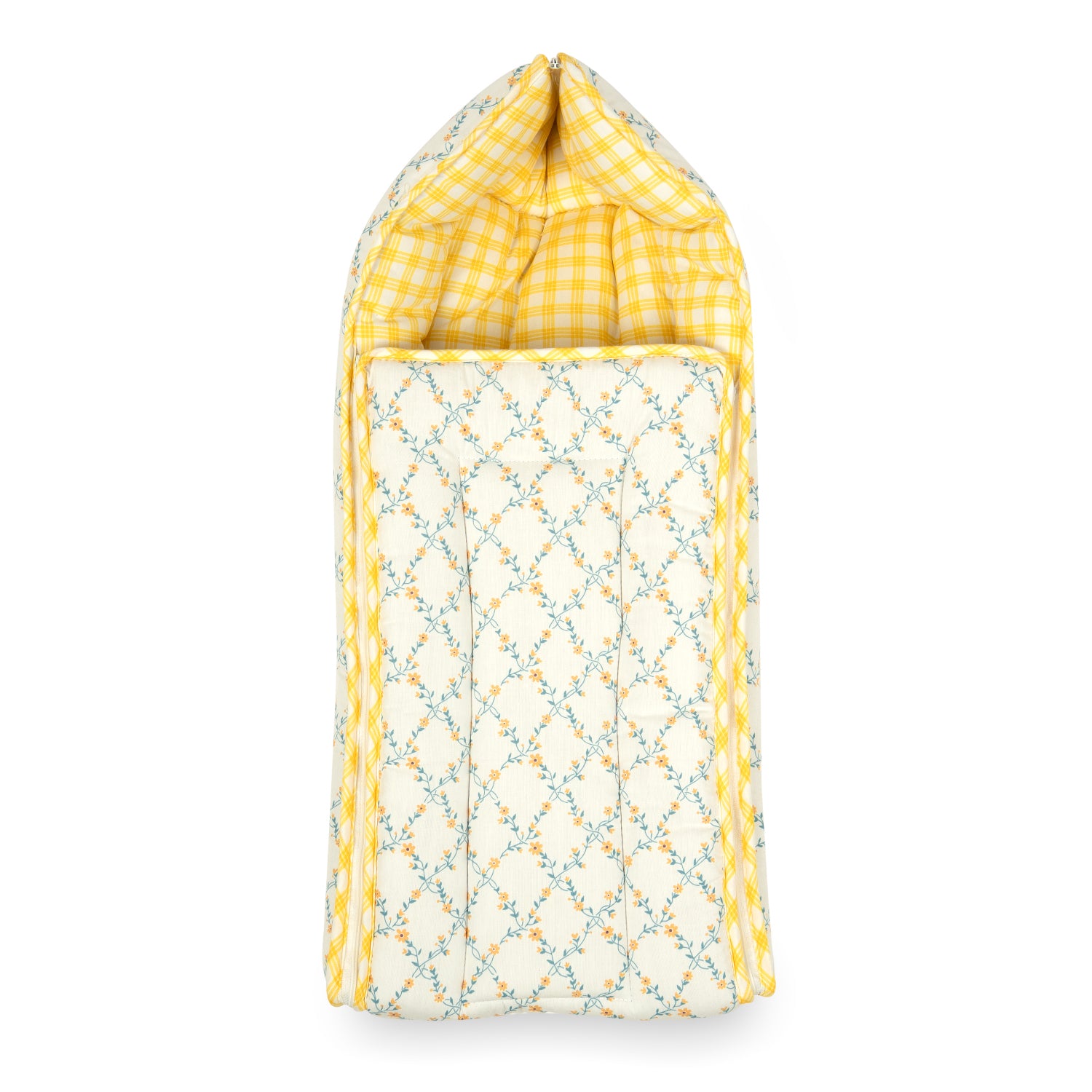 A cozy baby carry nest featuring a floral patterned exterior and a cheerful yellow checkered lining at the top.