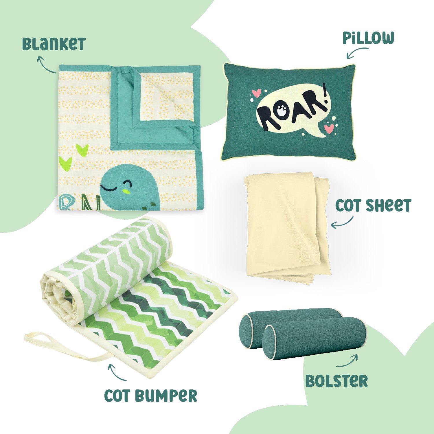 Cotton Crib Set-Complete Baby Bedding Bundle:Blanket, Pillow, Cot Bumper, Bolster, Fitted Sheet (Jurassic Baby)