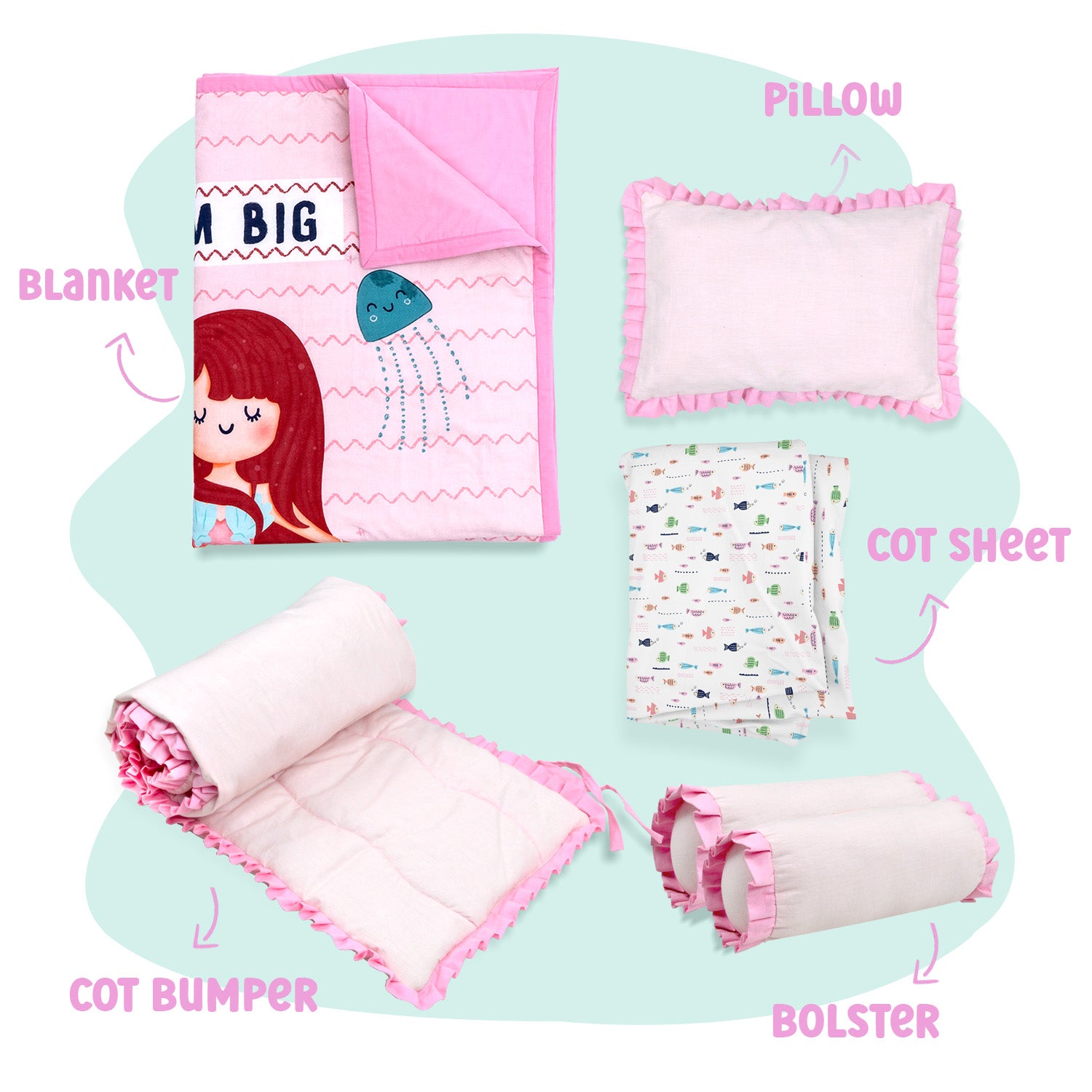 Cotton Crib Set-Complete Baby Bedding Bundle:Blanket, Pillow, Cot Bumper, Bolster, Fitted Sheet ( MERMAID)