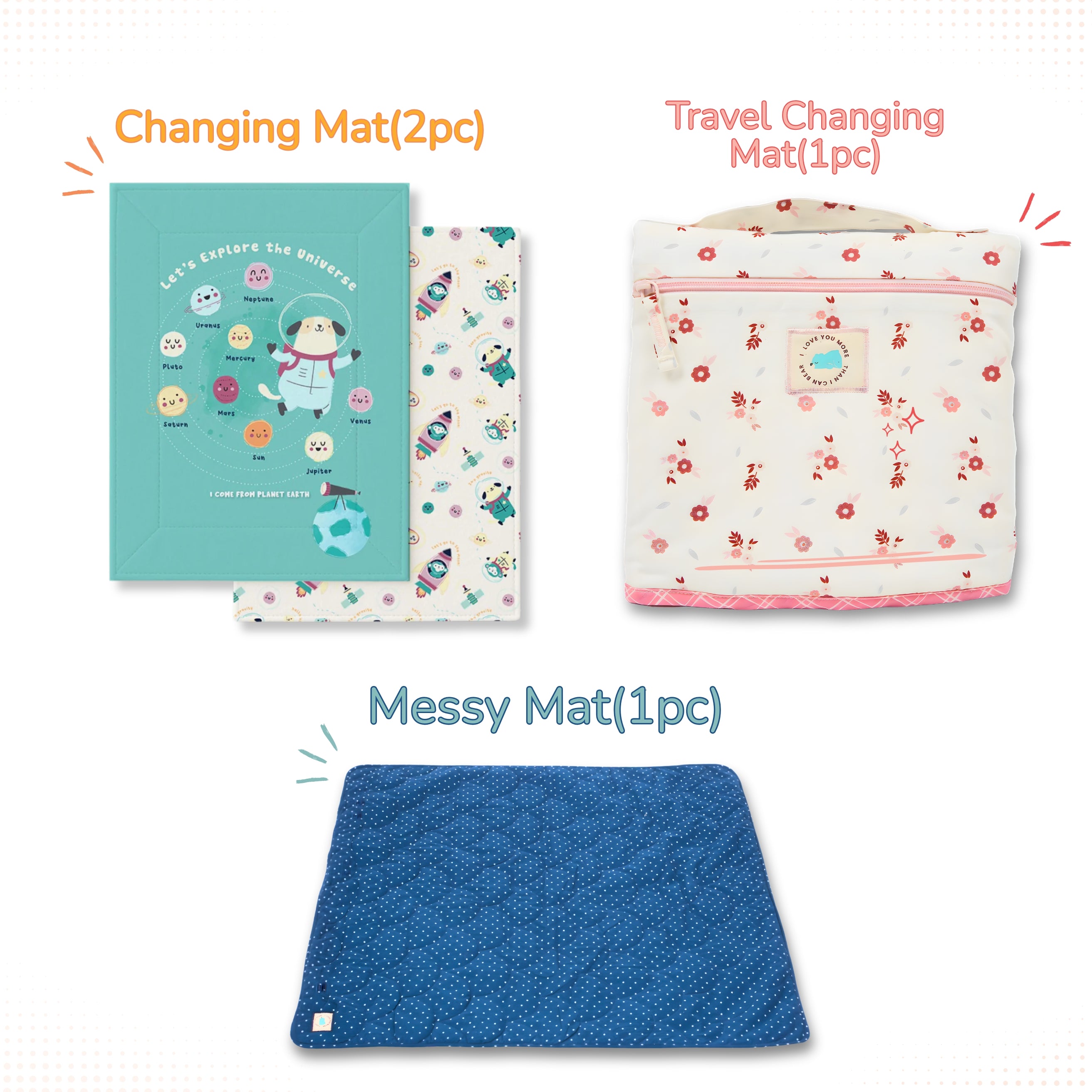Mat Combo - Changing Mat (Pack of 2) + Travel Mat (1 Piece) + Messy Mat (1 Piece)