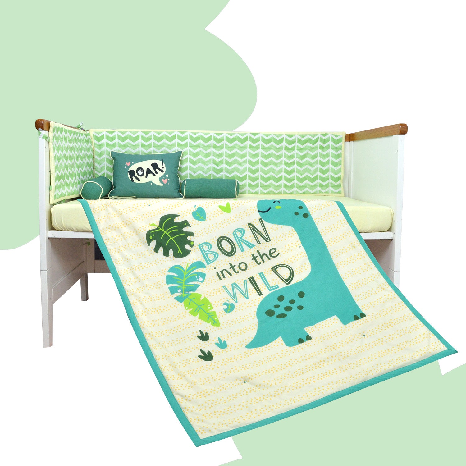 Cotton Crib Set-Complete Baby Bedding Bundle:Blanket, Pillow, Cot Bumper, Bolster, Fitted Sheet (Jurassic Baby)