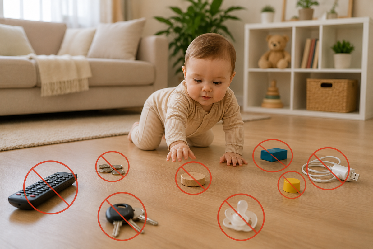 A baby crawls toward various household objects on the floor, each marked with a red do not symbol, including a remote, keys, coins, a pacifier, a plug, and small toys.