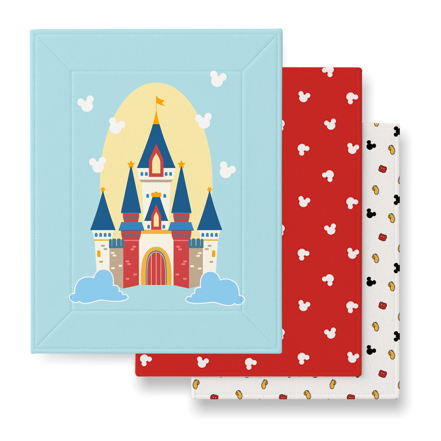 Set of three Disney-themed baby changing mat including a castle illustration, a red card with white mouse ears, and a white card with black and gold details.