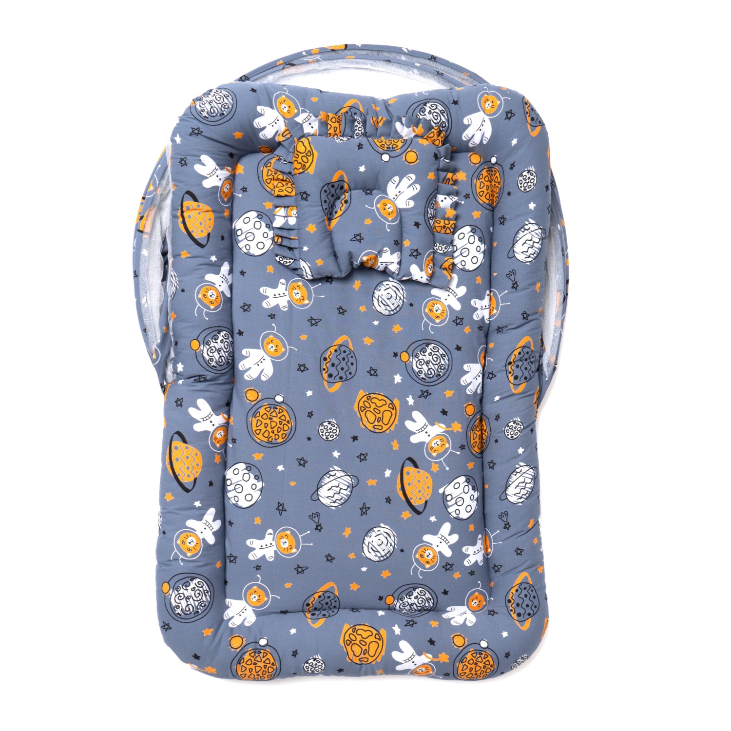Top view of a grey portable baby play mat with a mosquito net, featuring colorful animal and space-themed illustrations.
