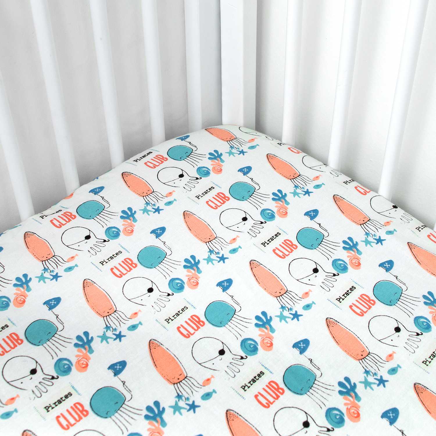 Organic Fitted Cot Sheet - Pirates Club White Green