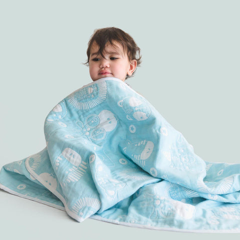 Organic Cotton Yarn Dyed Blanket - Party Animals - Blue